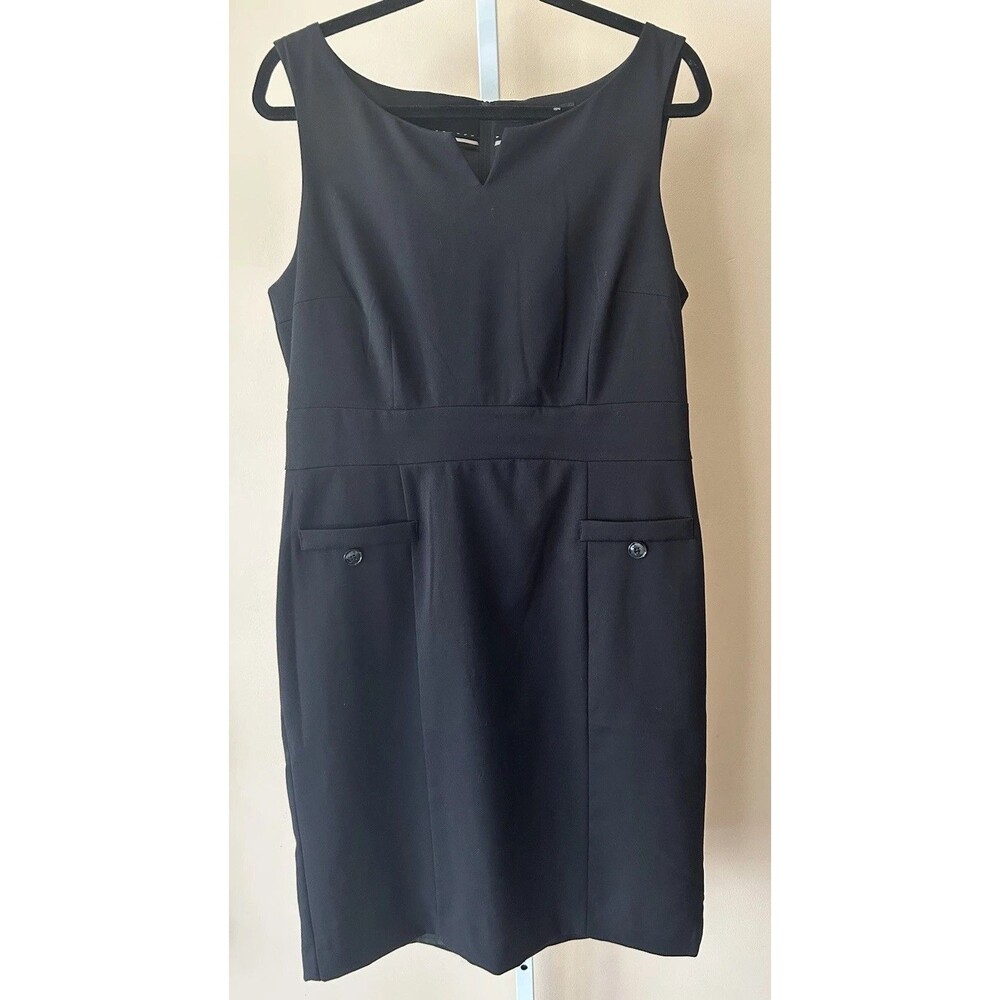 H&M Black Button Front Dress Sleeveless Front Pockets Business Classy Sz.16 Knee